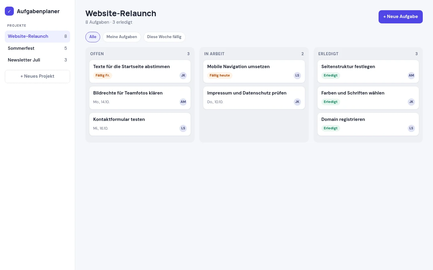 Beispiel-App Aufgabenplaner am Desktop: Projektnavigation und Board mit den Spalten Offen, In Arbeit und Erledigt