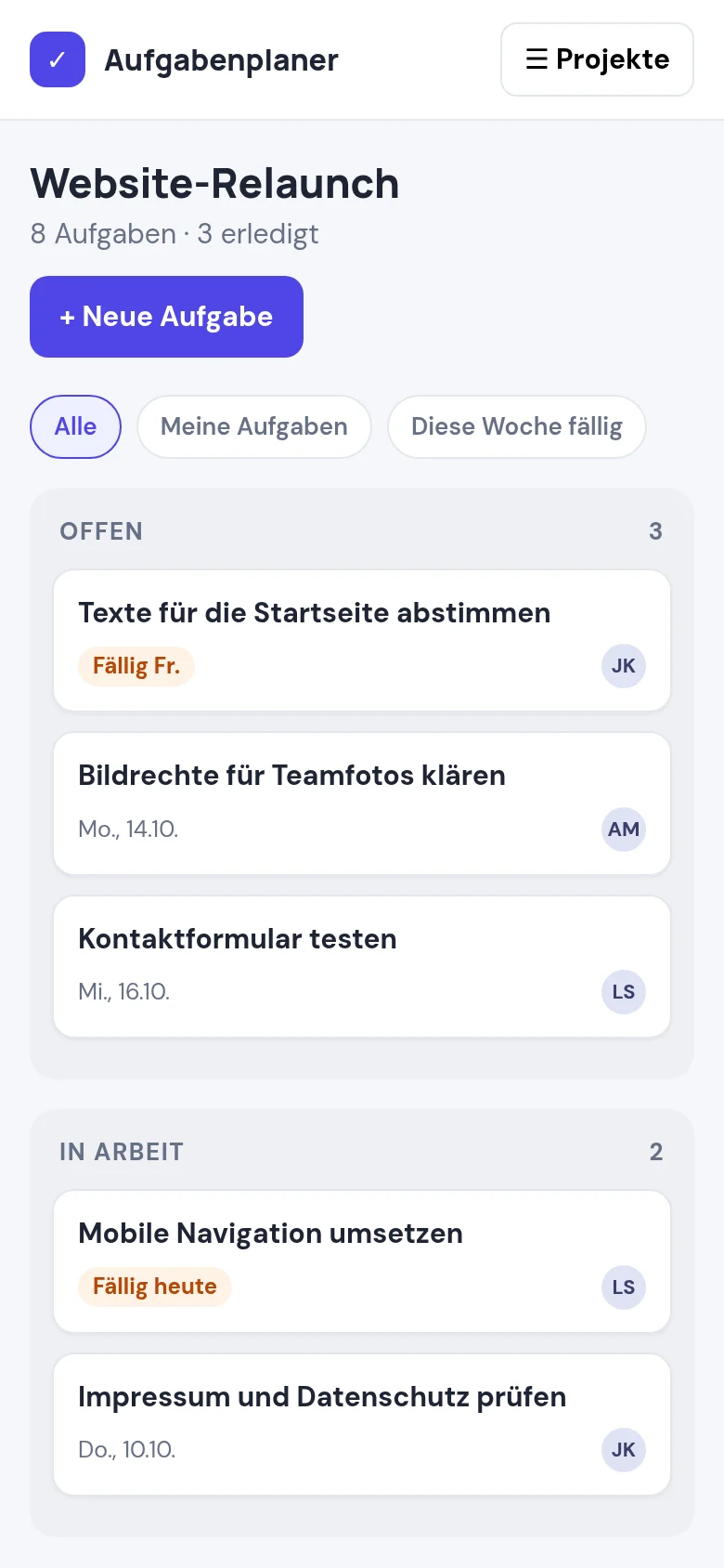 Beispiel-App Aufgabenplaner auf dem Smartphone mit Projektmenü und markierten fälligen Aufgaben