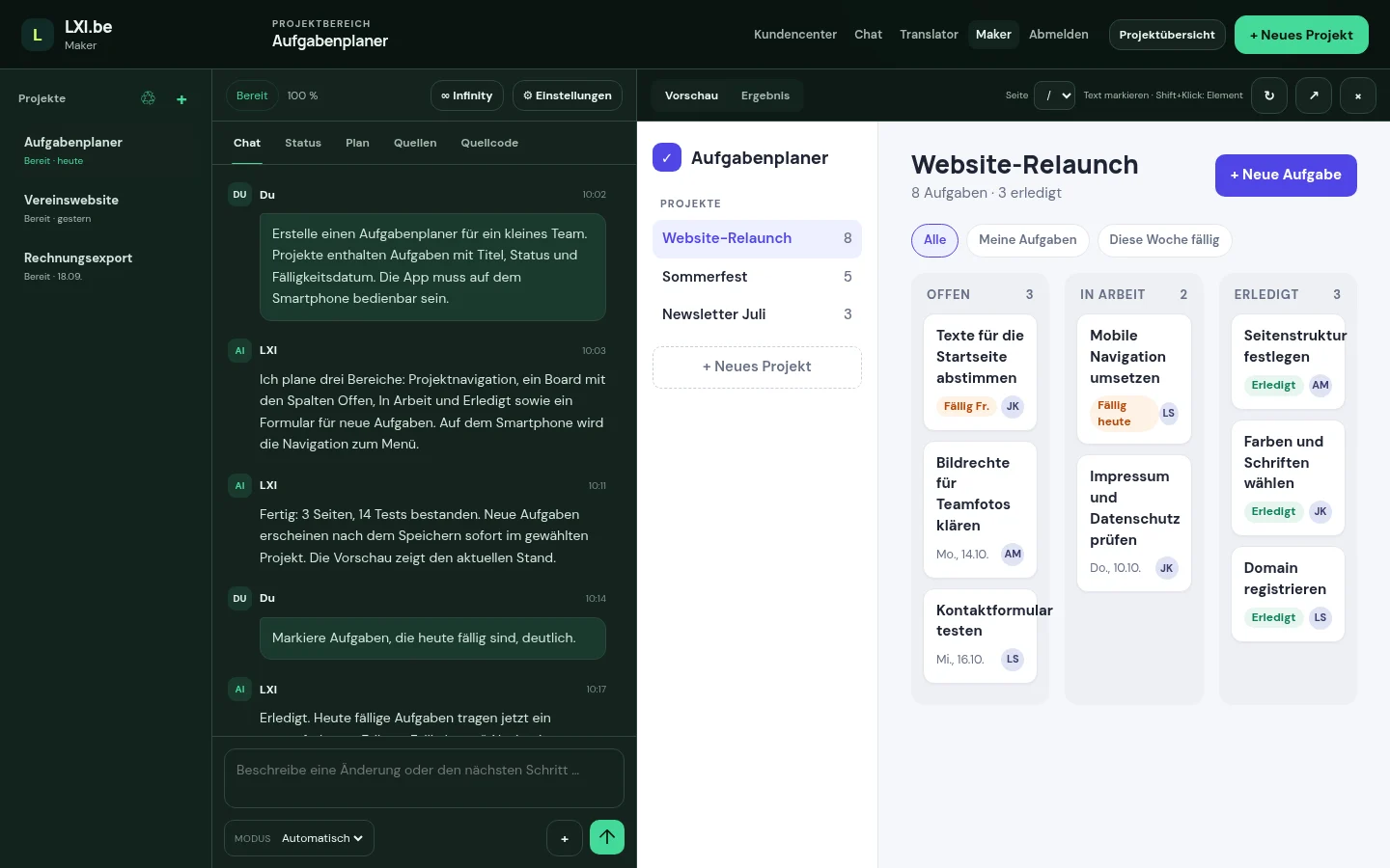 LXI AI Maker im dunklen Design mit Projektliste, Chat und Vorschau der Beispiel-App Aufgabenplaner
