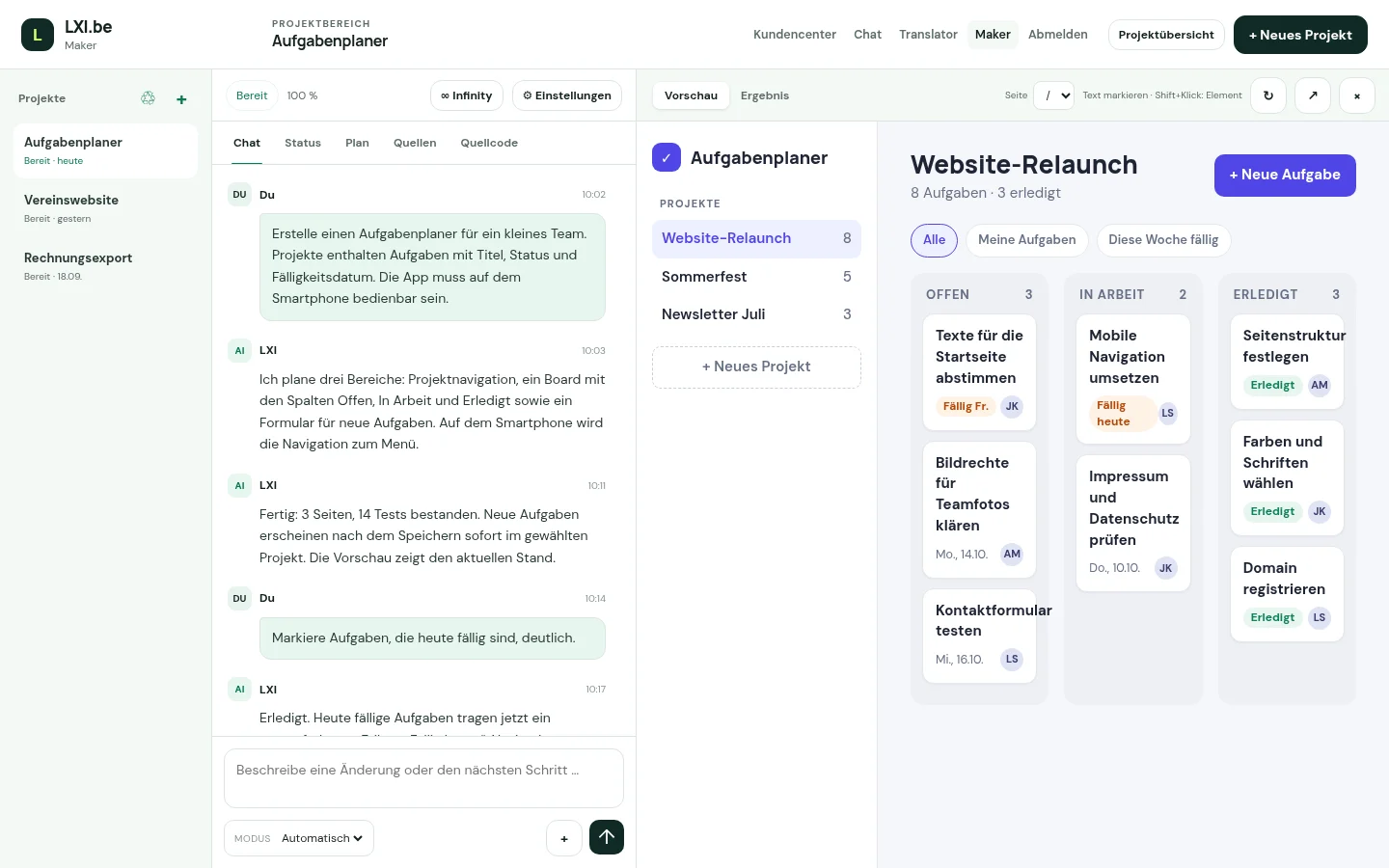 LXI Maker mit dem Projekt Aufgabenplaner: links der Chat mit Plan und Feedback, rechts die Vorschau der App