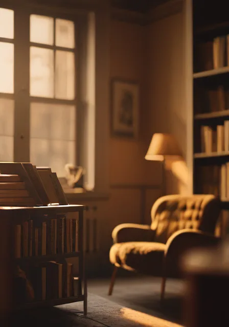 Bücher und ein Lesesessel in warmem Abendlicht